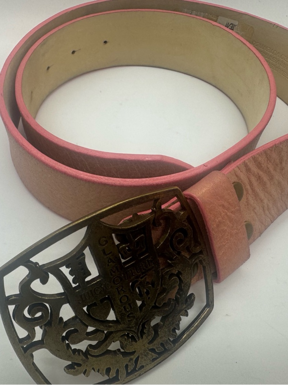 vintage Juicy Couture iridescent Pink Leather Belt with Ornate brass Buckle